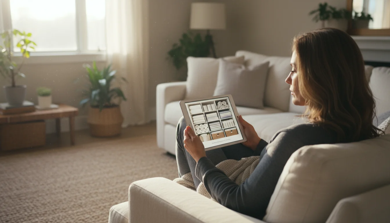 A woman sits on a sofa, looking at a tablet displaying an image of an organized linen closet, with a tea mug nearby.