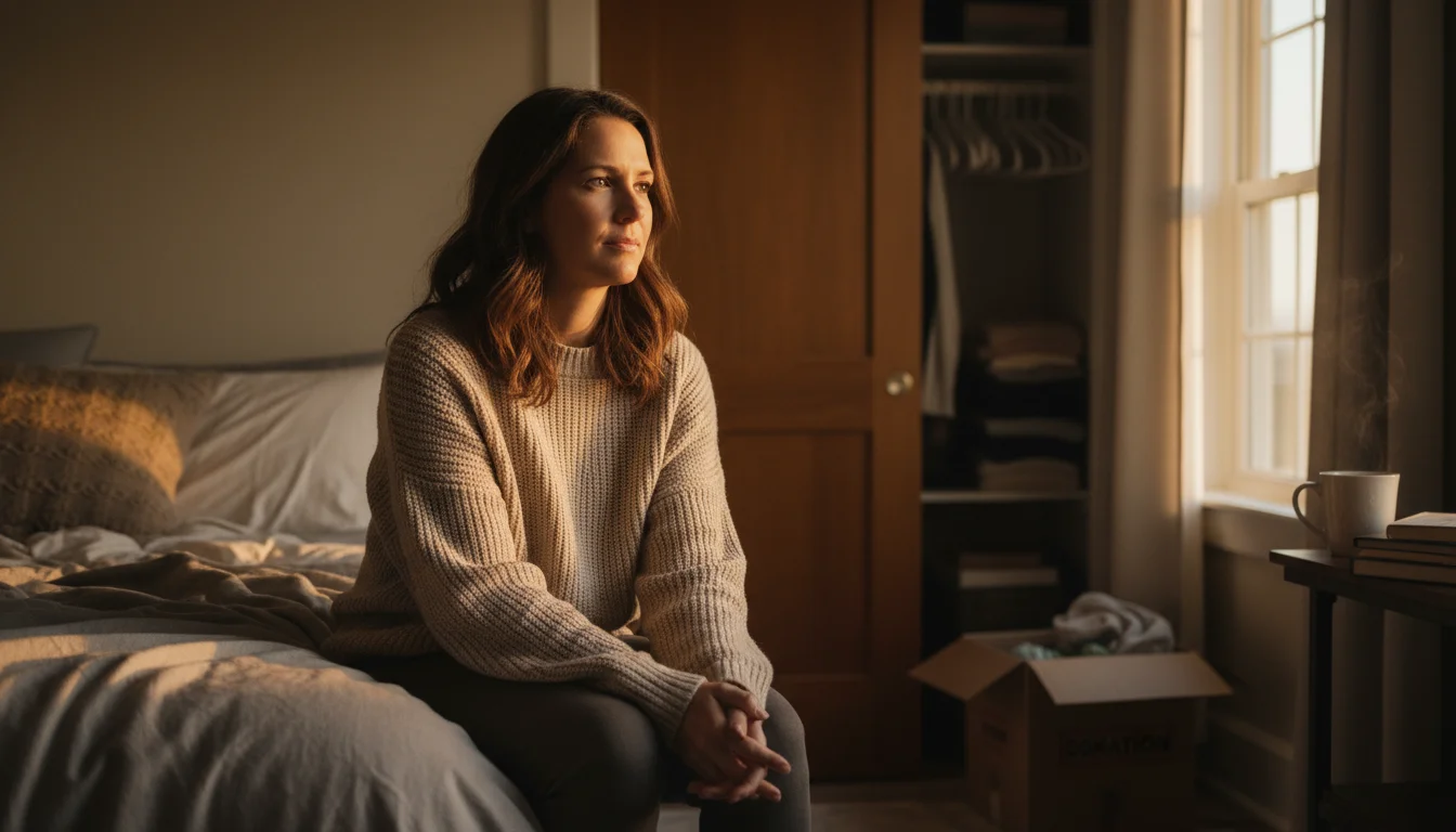Woman sits thoughtfully on a cozy bed, taking a break from decluttering a bedroom closet.