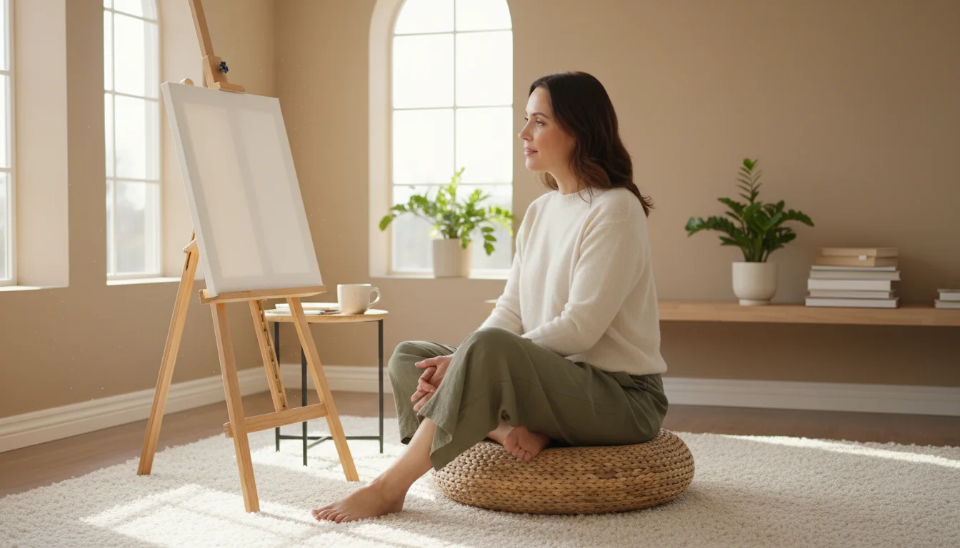 A woman sits thoughtfully on a floor cushion in a simple, naturally lit meditation corner, looking at a plant and stone.