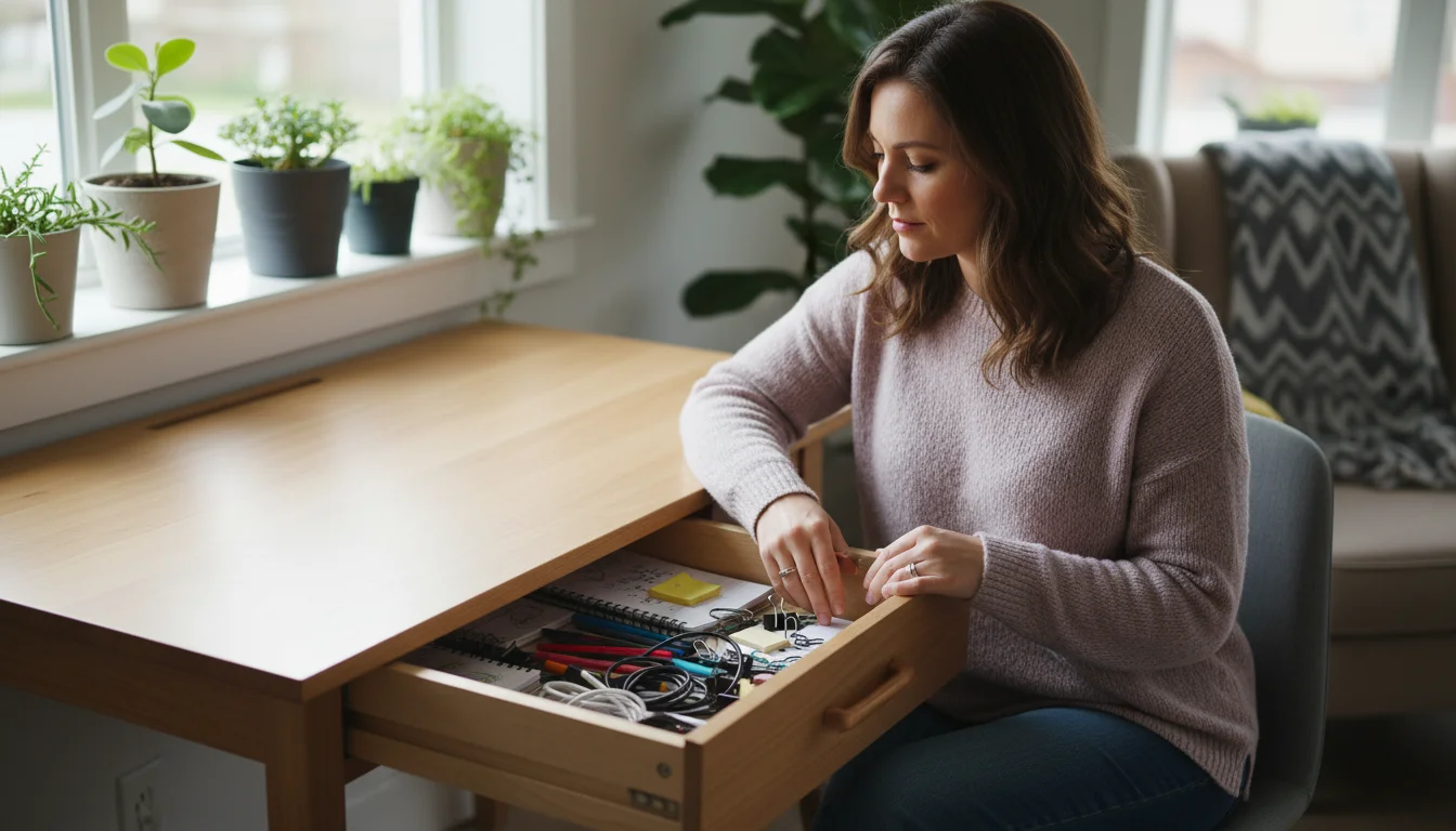 Woman sits at a wooden desk with an open, moderately cluttered drawer, contemplating items and seeking organization solutions.