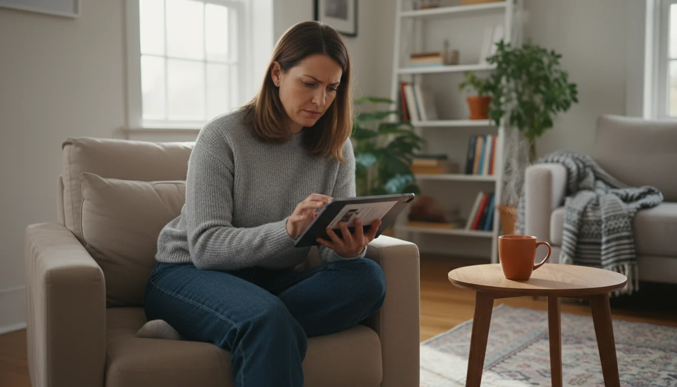 Woman sitting comfortably in an armchair, scrolling through a tablet in a bright, cozy living room.