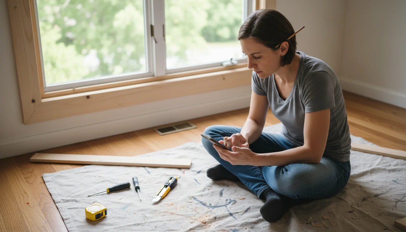 Woman sitting on a drop cloth by a partially trimmed window, looking at DIY instructions on her phone. Tools nearby.