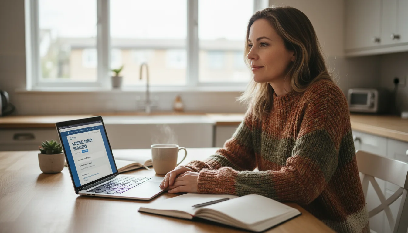 Woman sitting at a kitchen island, looking at a laptop with a government website open, a notebook with notes, and a cup of tea beside her.