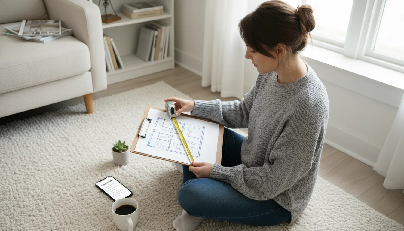 Woman sitting on a rug, intently measuring a hand-drawn floor plan with a tape measure, a smartphone checklist nearby.
