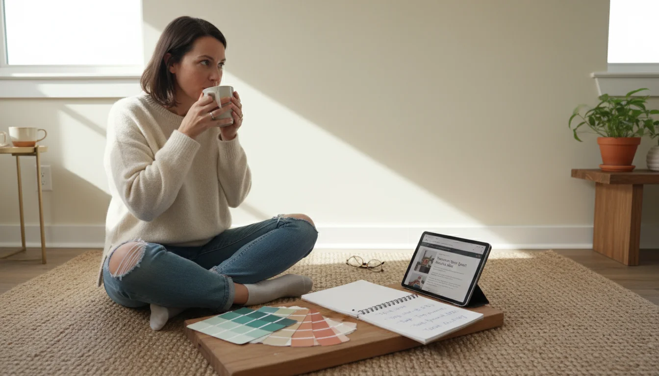 Woman sitting on a rug, surrounded by paint swatches and a notebook with budget notes, planning an accent wall.