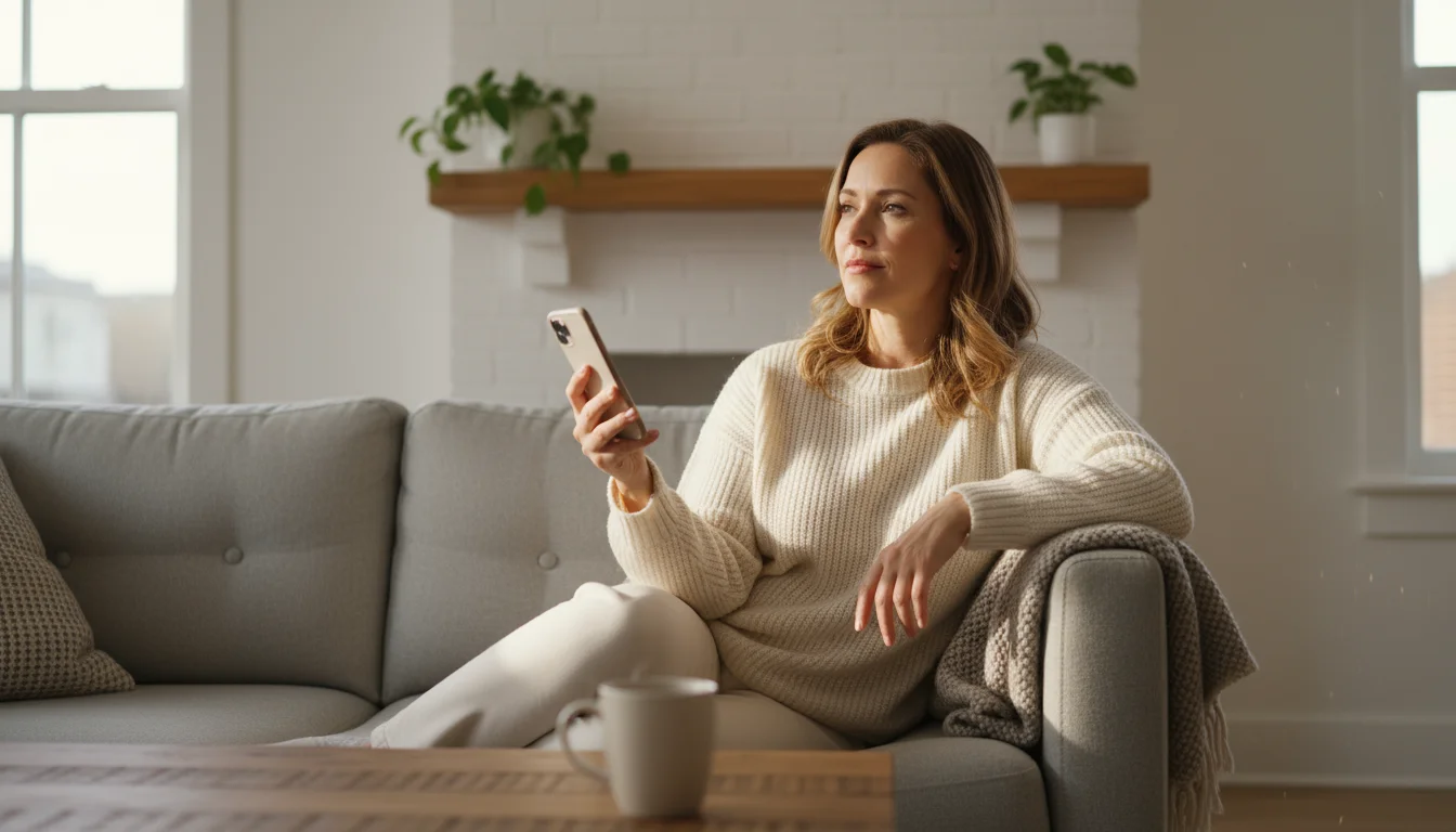 Woman sitting on a sofa with her phone, looking thoughtful, with new matte black door hardware on a white door in the background.