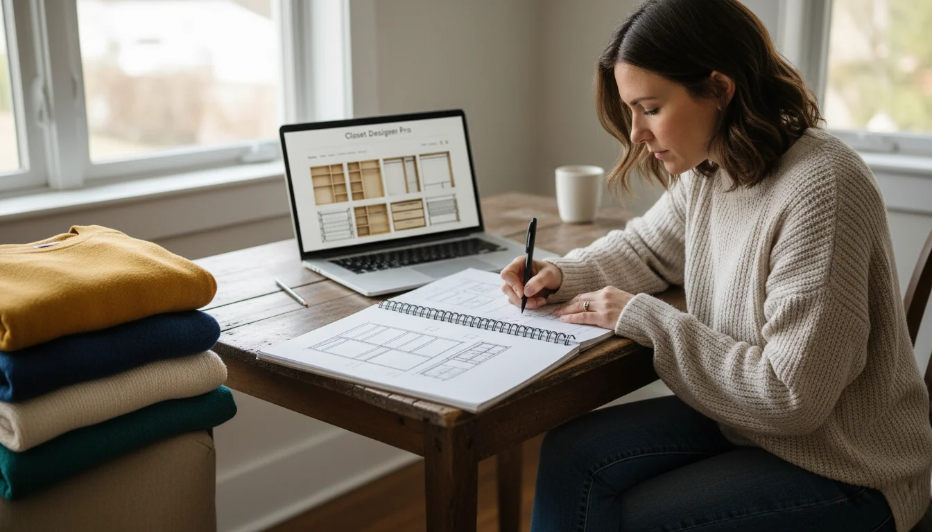A woman sketches closet layouts in a notebook at a desk, with a laptop displaying a design tool and clothing items nearby.