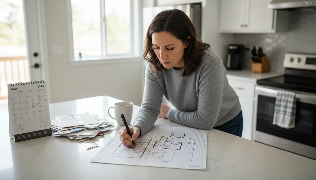 Woman sketching a family command center layout on graph paper with a pen, surrounded by a small stack of mail, a calendar page, and a key hook on a ki