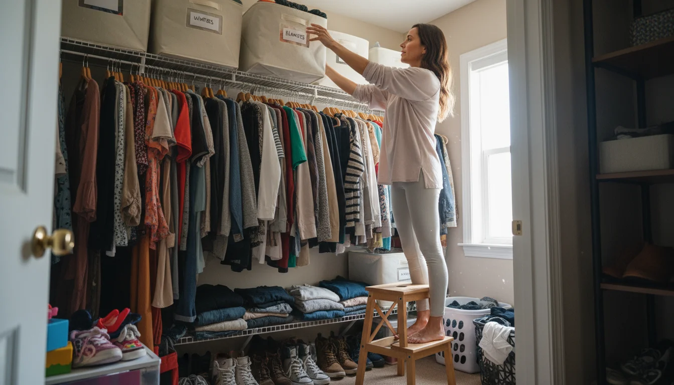A woman on a small step stool places a storage bin on a high shelf in a well-organized family closet, utilizing vertical space.