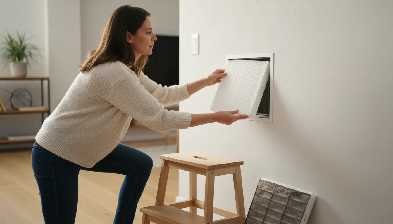Woman on a small wooden step stool replacing a visibly dusty air filter with a new clean one in a hallway wall vent.