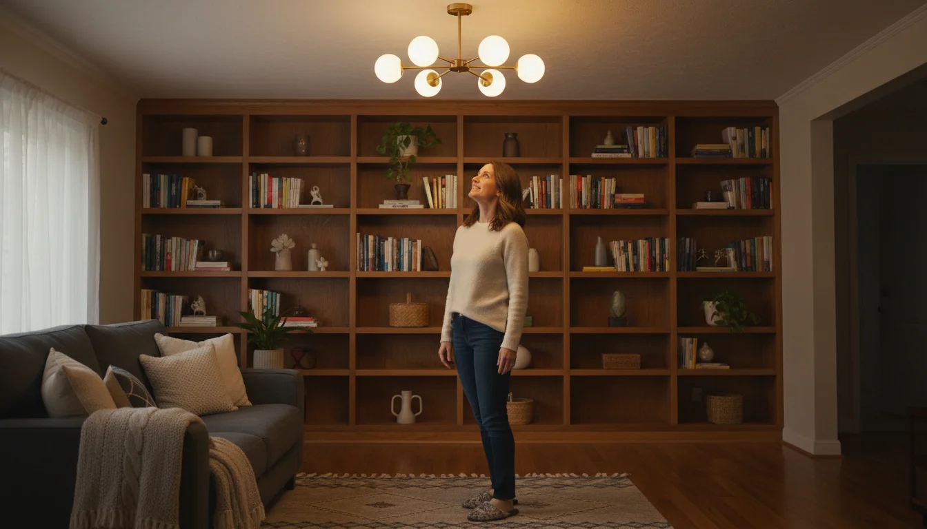 A woman smiles, looking up at a newly installed pendant light fixture glowing warmly in a cozy living room.