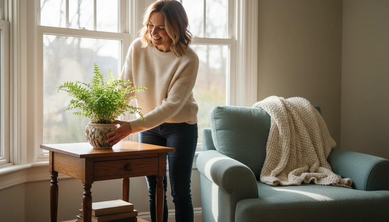 Woman smiling while arranging a potted plant on a beautifully restored vintage wooden side table in a cozy, sunlit living room corner.