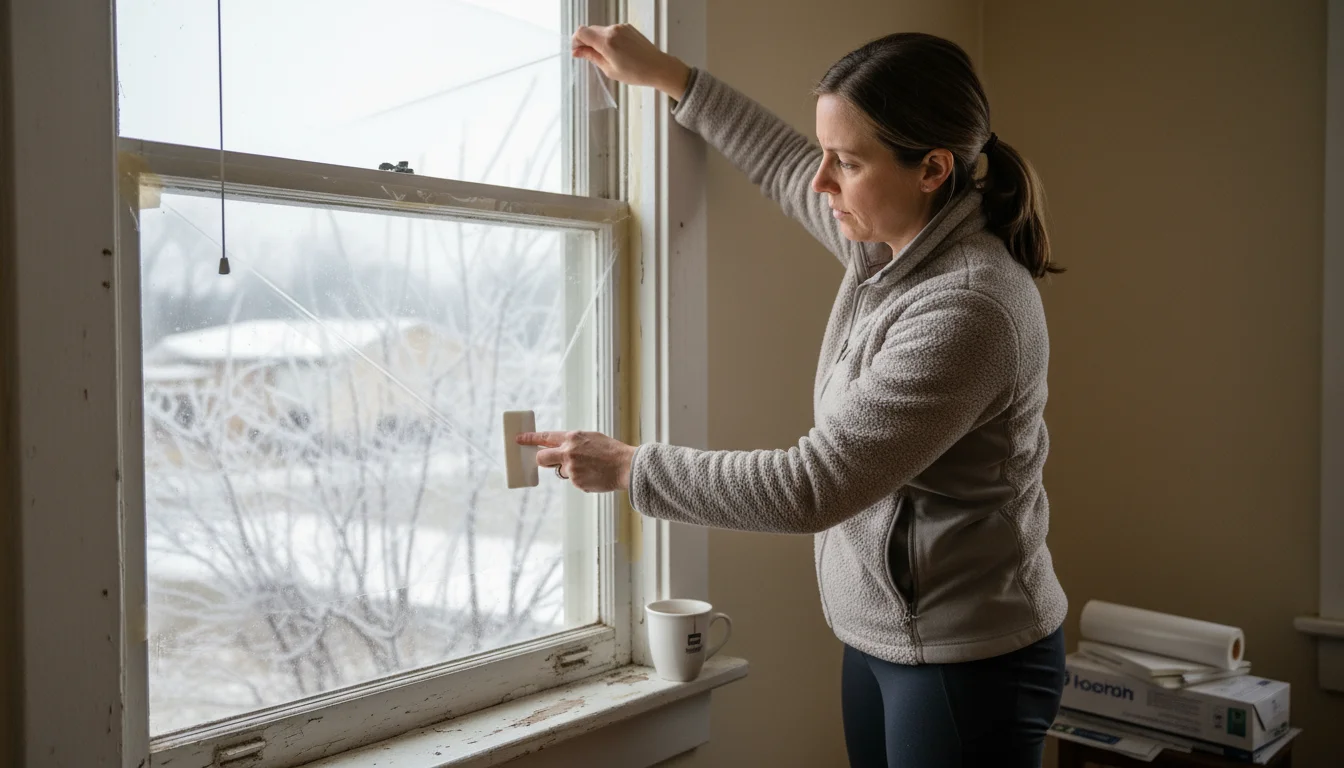 Woman smoothing clear insulation film onto an old single-pane window, preparing for winter.