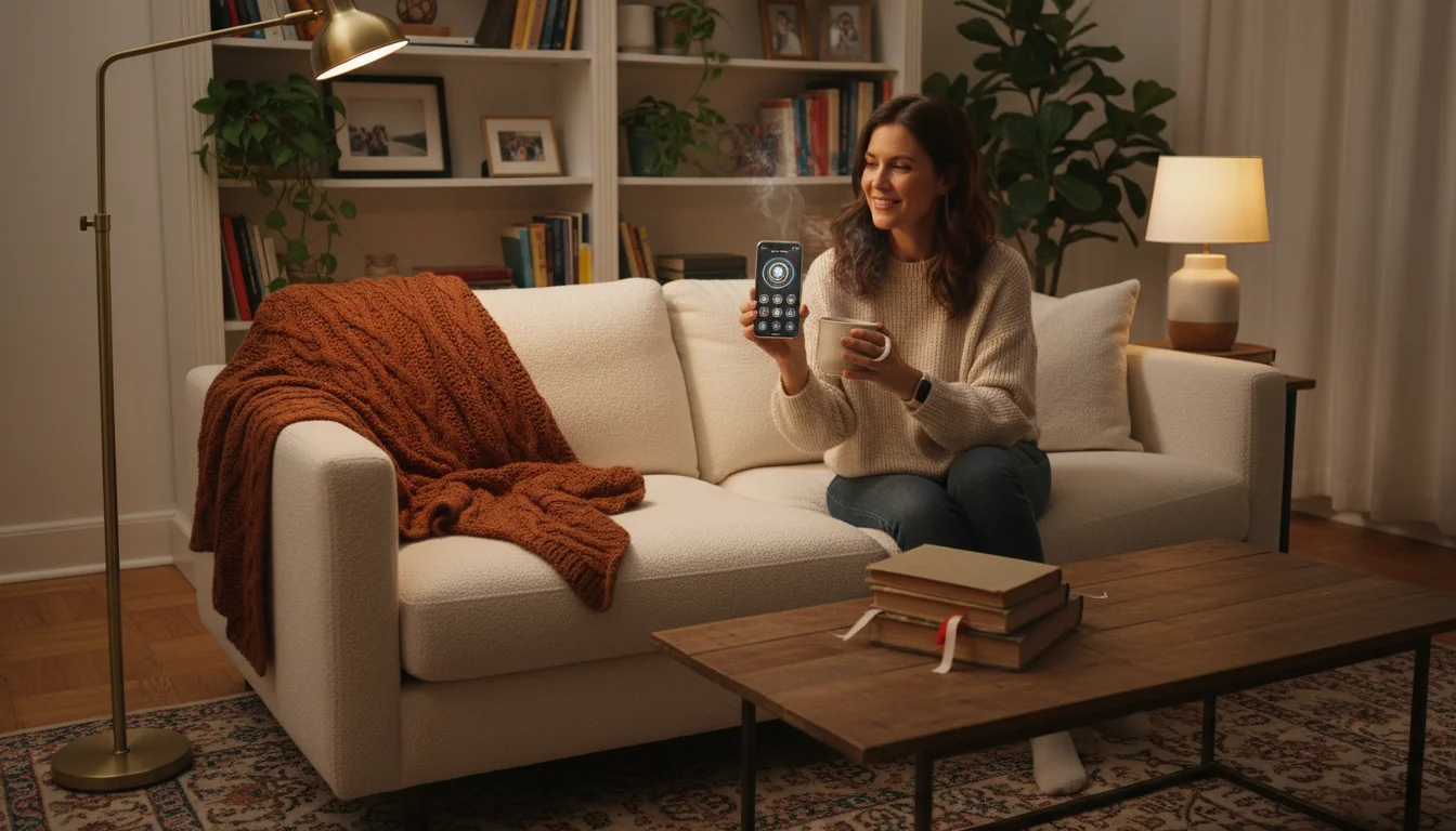 Woman on a sofa adjusting smart lighting on her phone, with lamps in a cozy living room subtly dimming around her.