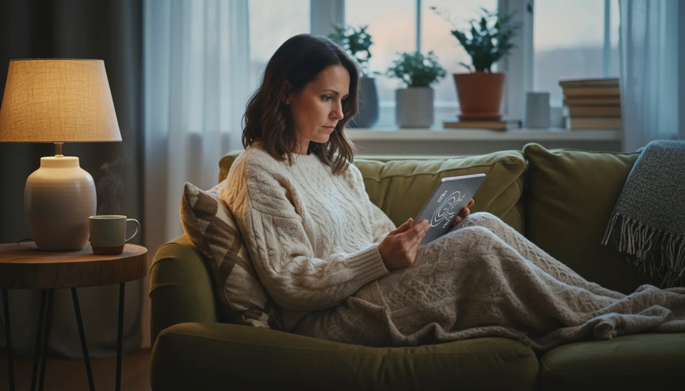 Woman on a sofa intently looking at a tablet about lighting ideas, with a warm table lamp and natural light contributing to the cozy ambiance.