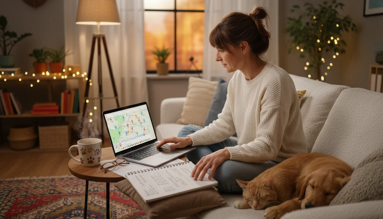 Woman on sofa researching pet-friendly evacuation spots on laptop, with a notebook open and her dog resting peacefully nearby.