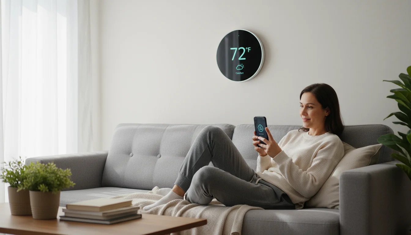 Woman on sofa viewing smart thermostat app on phone. Modern smart thermostat on wall in cozy, naturally lit living room.