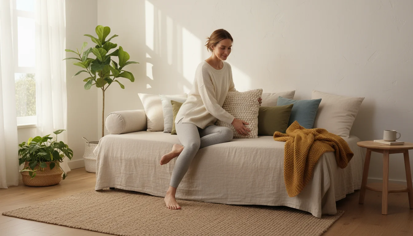A woman in soft clothes settling onto a light linen daybed with pillows and a blanket, next to a small table with a mug and book, in a sunlit living r