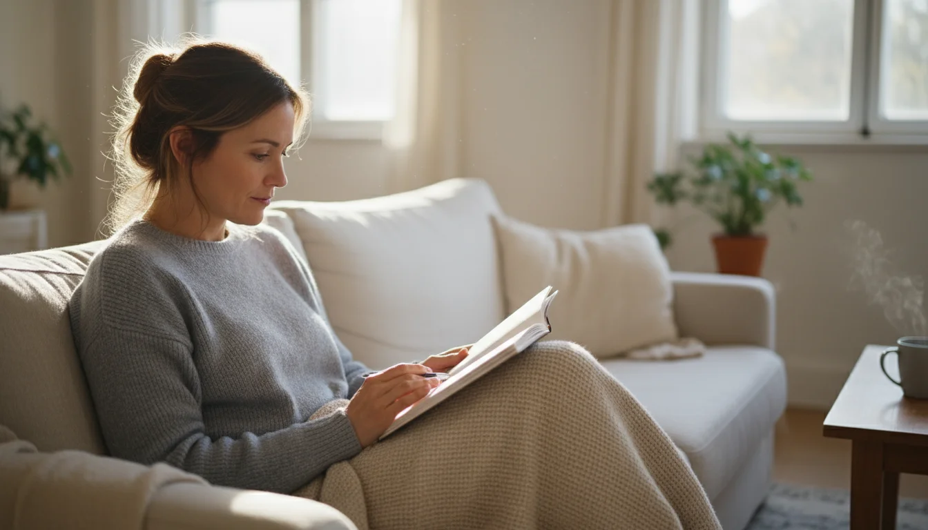 Woman in soft grey sweater on a cream sofa with a beige blanket, thoughtfully looking at a notebook or tablet. A mug and plant are nearby.