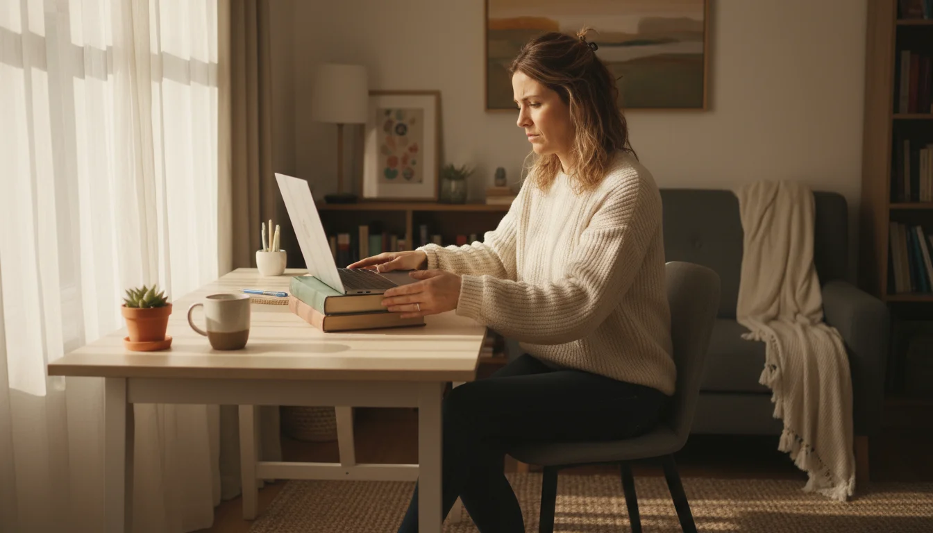 Woman in a soft sweater adjusting laptop height with books at a natural-lit, cozy home office desk.
