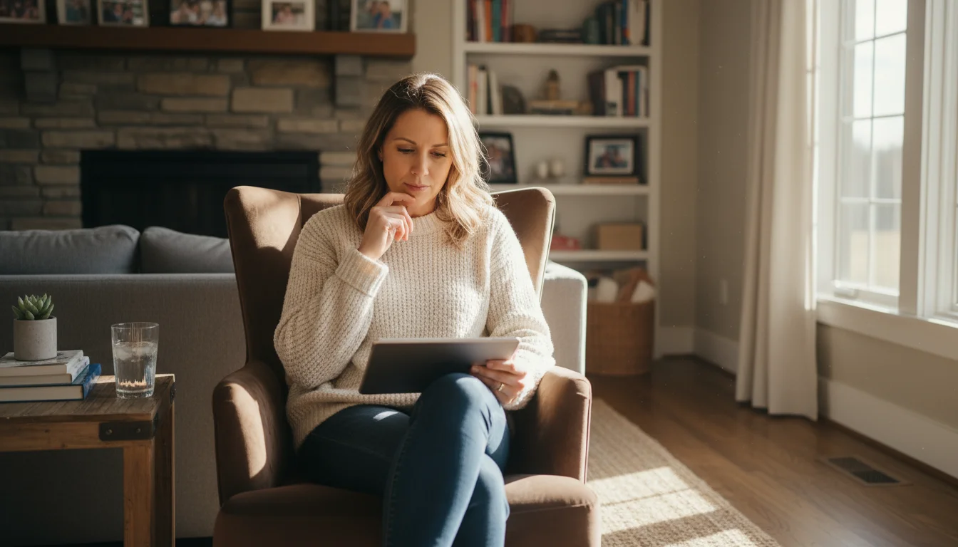 Woman in a soft sweater reading on a tablet in a cozy armchair, a glass of water on a small side table.