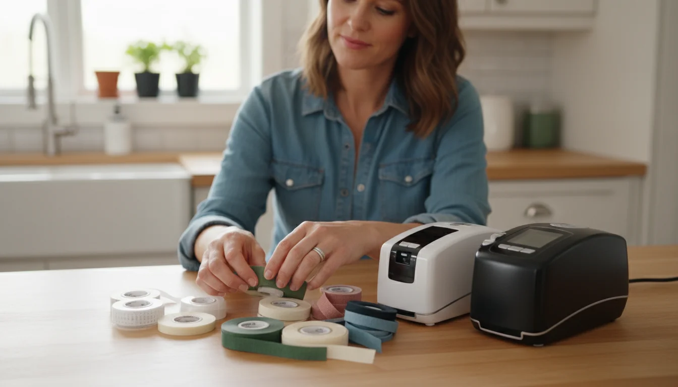 Woman sorting label maker tapes of various widths and colors on a kitchen counter, with two label makers and labeled home items nearby.