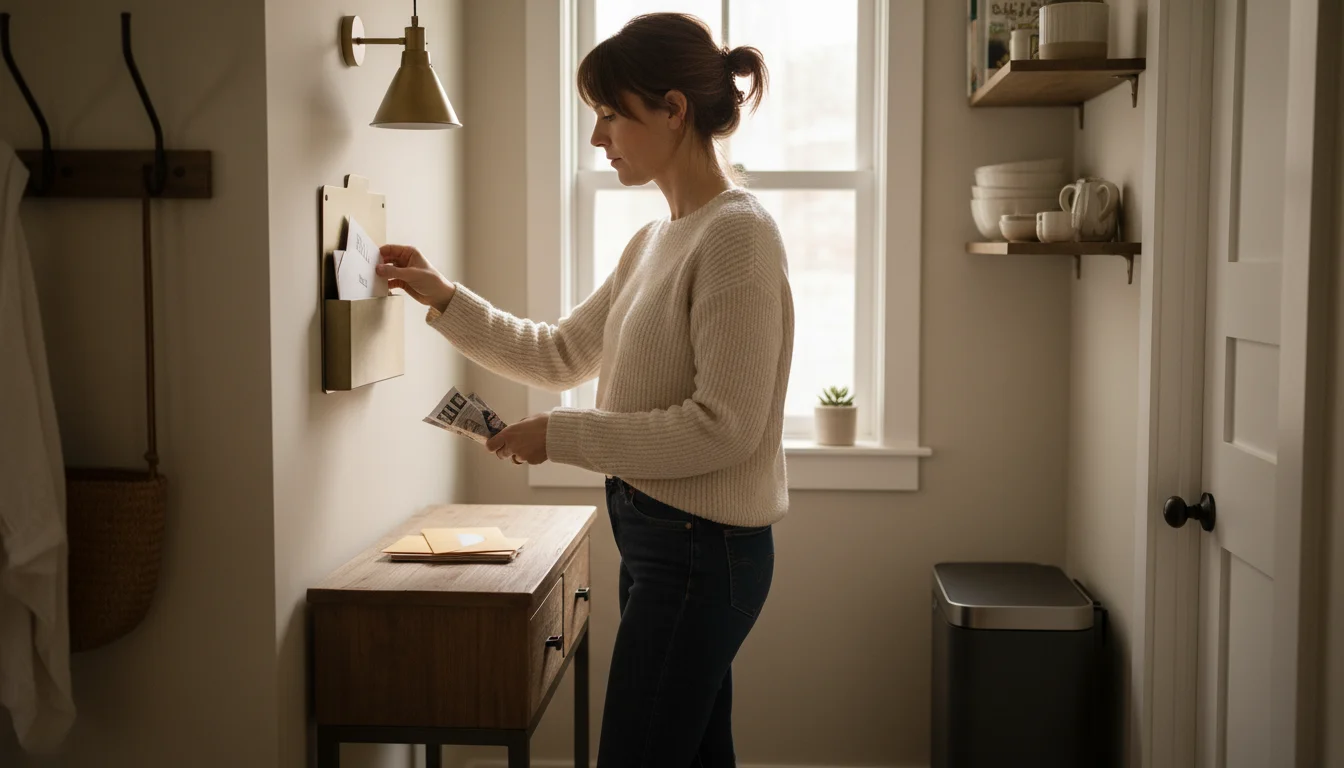 Woman sorting mail at a kitchen-entry nook, placing junk mail in a recycling bin and a bill into a wall slot.