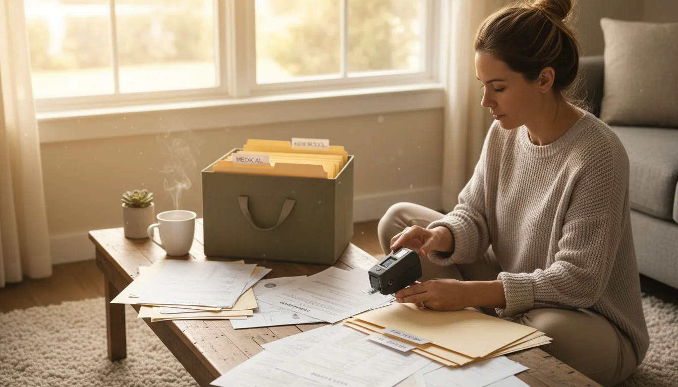 Woman sorting papers and labeling folders at a cozy home desk with a mug and a plant, setting up a filing system.