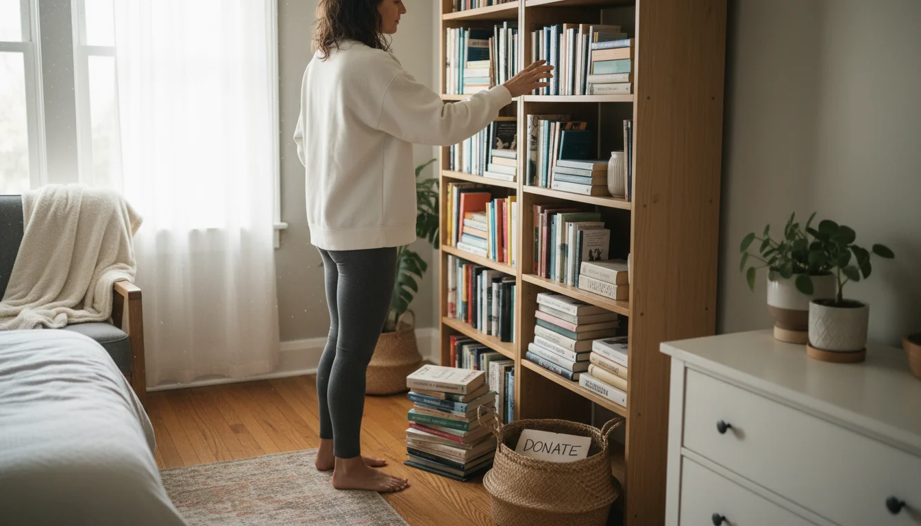 A woman sorts books on a light wooden bookshelf in a sunlit bedroom corner, with a stack of donation books and a cleared dresser top visible.