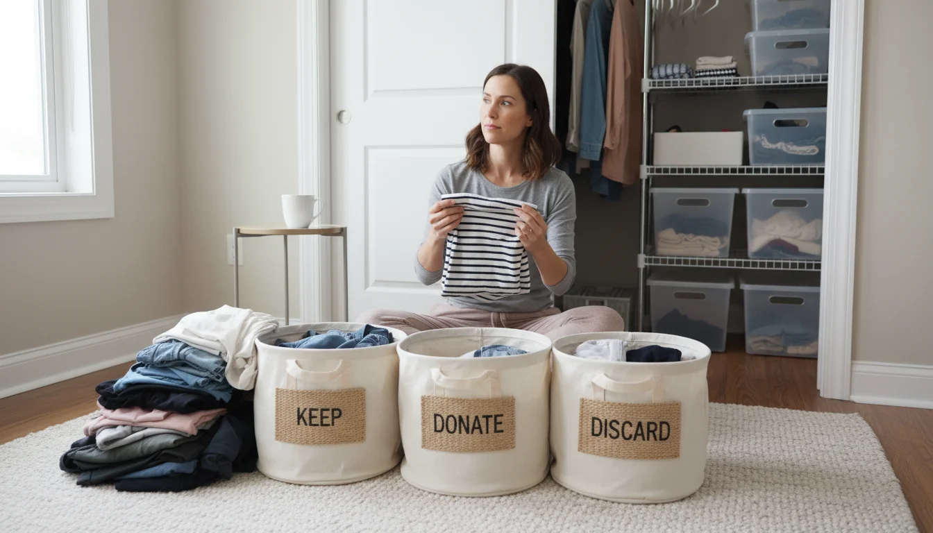 A woman sorts clothes into three labeled bins on a bedroom floor, with clear storage and a vacuum bag nearby, and an organized closet visible.