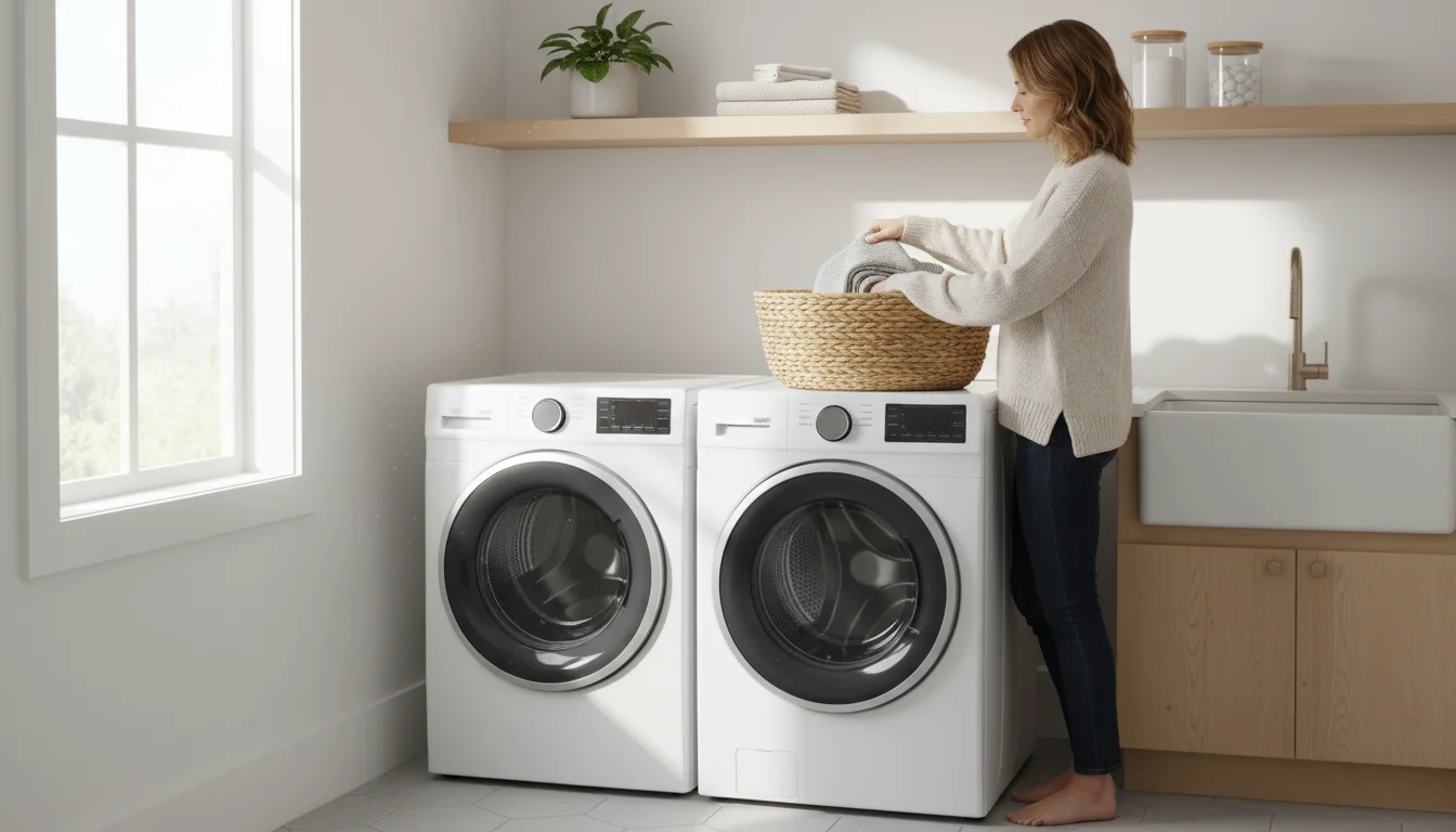 A woman stacks a gray sweater into a basket on a modern white front-loading dryer next to a matching washing machine in a bright laundry room.