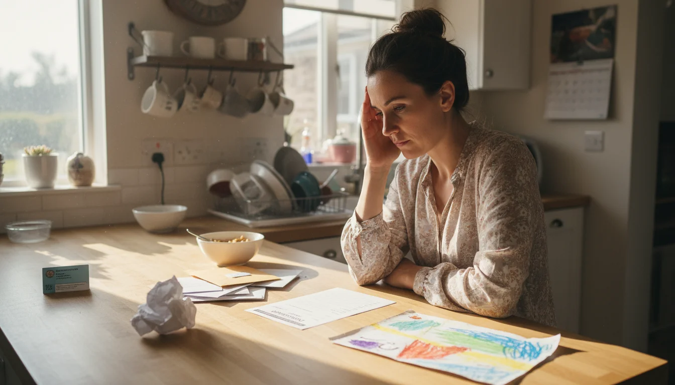 Woman standing at a kitchen island, hand to her head, looking at scattered school forms, mail, and lists.