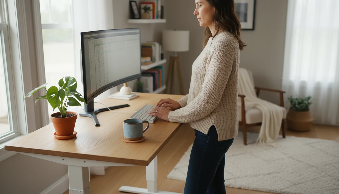 A woman stands comfortably at a light wood adjustable standing desk in a cozy, naturally lit home office, demonstrating ergonomic posture.