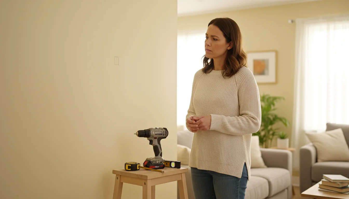 Woman stands in a corner, thoughtfully assessing a bare wall for shelving installation. A cordless drill, tape measure, and level are on a stool nearb