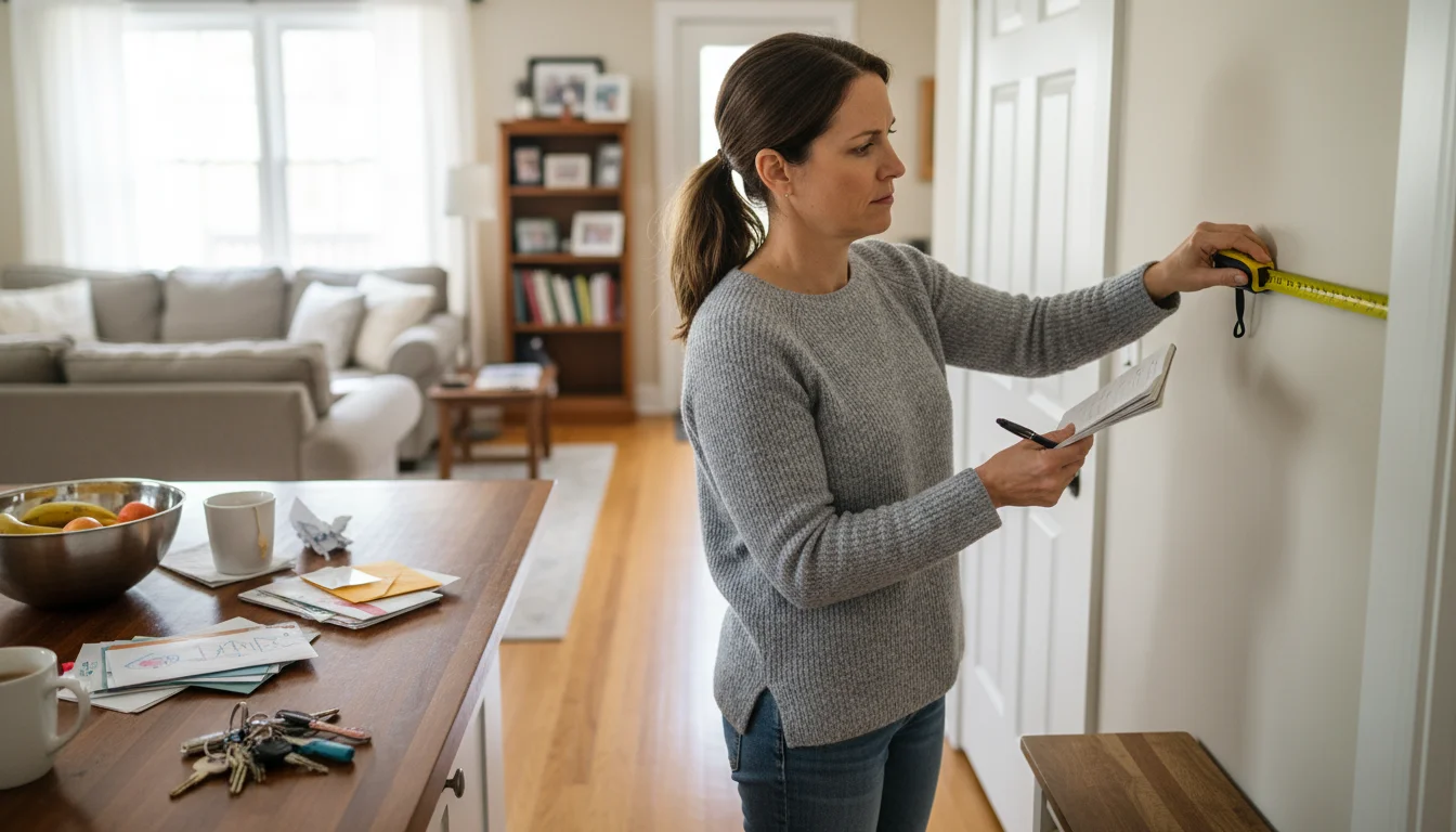 A woman stands in a kitchen, looking at a small pile of mail and papers while holding a measuring tape and notepad.