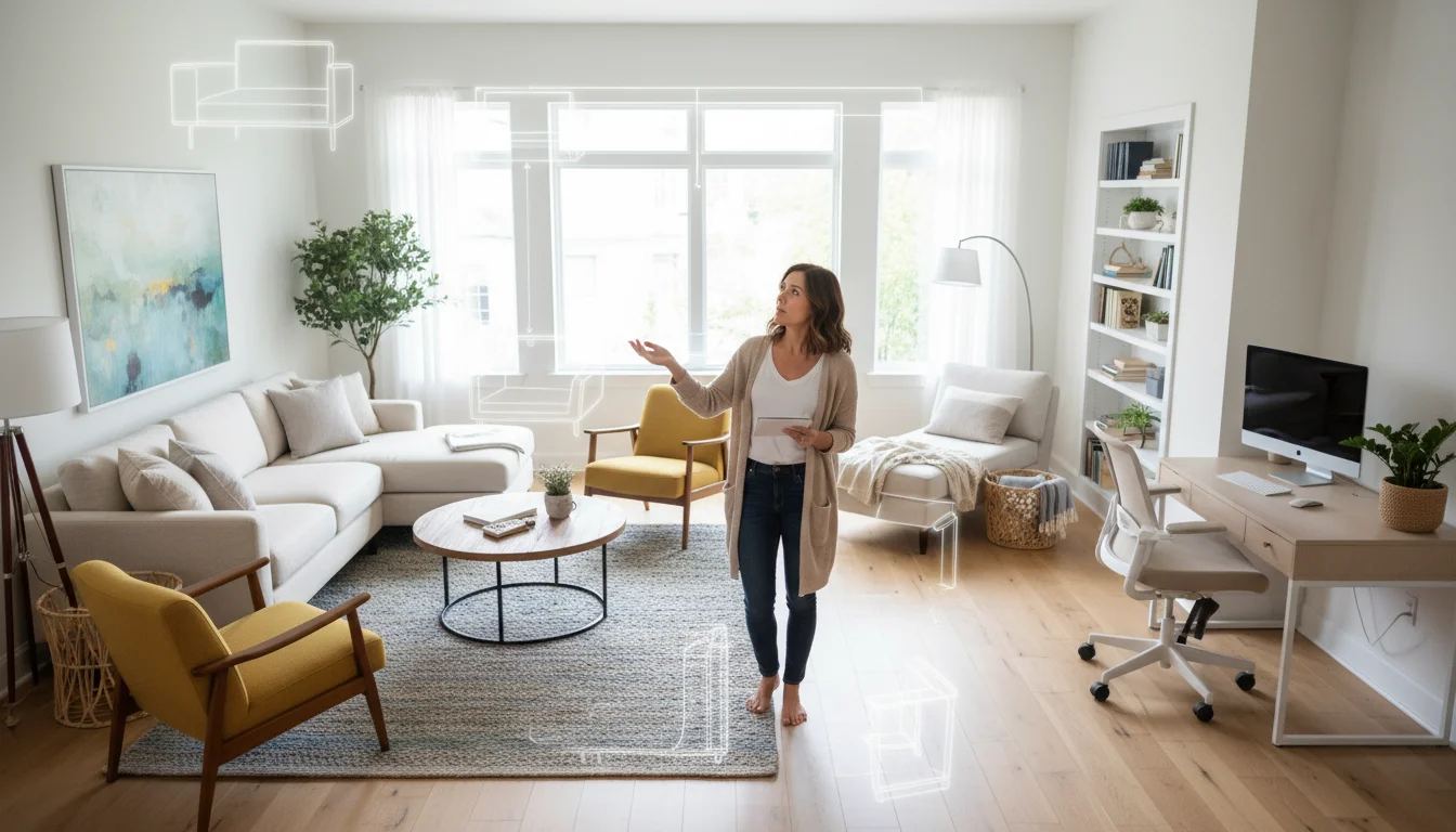Woman stands in a multi-zoned living room, thoughtfully planning furniture layout with a notepad in hand.