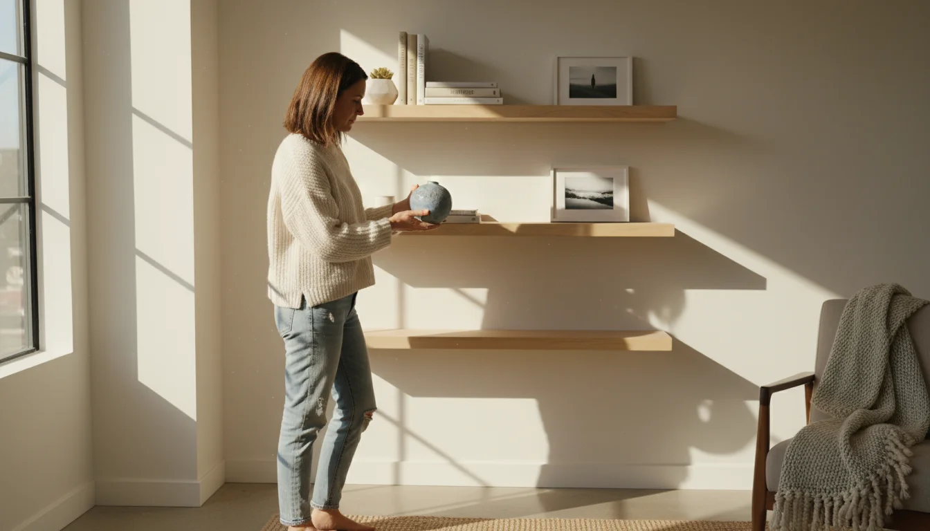 A woman stands in a sunlit living room, holding a small vase near floating wall shelves, thoughtfully considering placement to avoid clutter or blocki