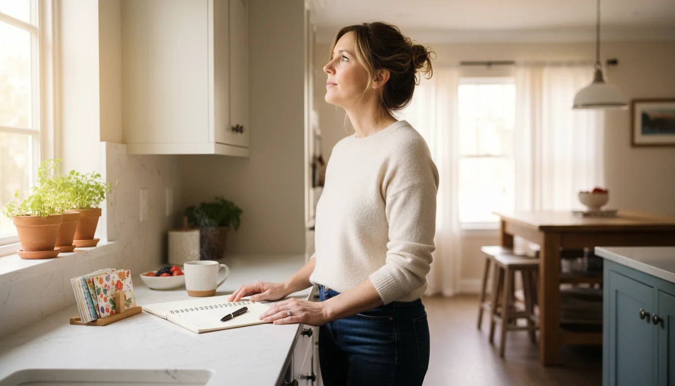A woman stands thoughtfully in a kitchen, looking at closed cabinets with a notebook and pen on the counter.