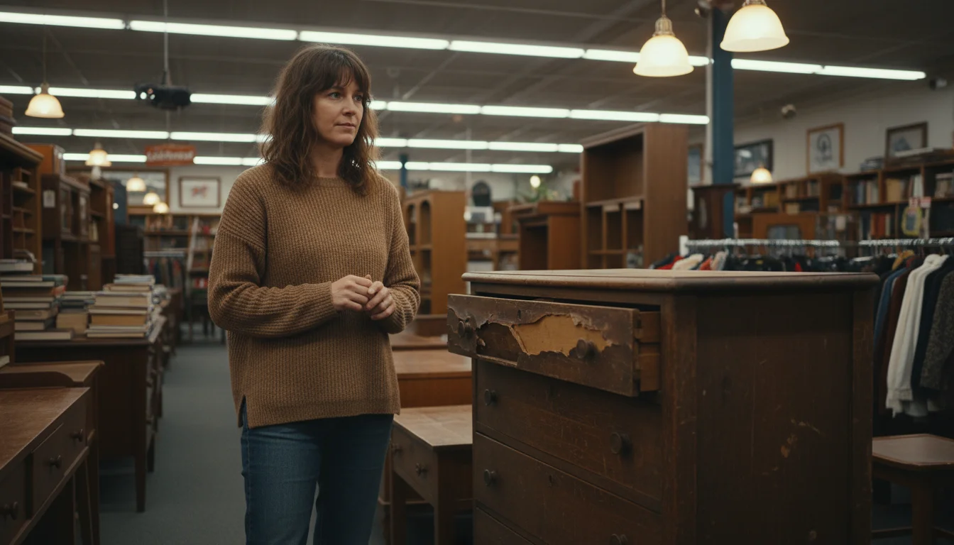 A woman stands in a thrift store, looking thoughtfully at an old dresser with severe, peeling veneer damage on its front and side.