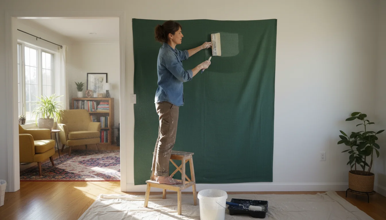 Woman on step stool applying a large green fabric panel to a wall with liquid starch.