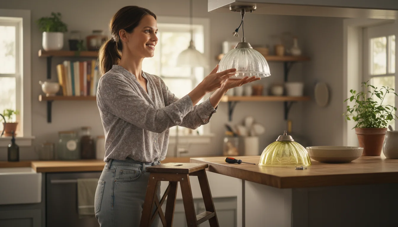 Woman on a step stool holding a new, clean light shade, with the old, discolored shade visible on a kitchen counter.