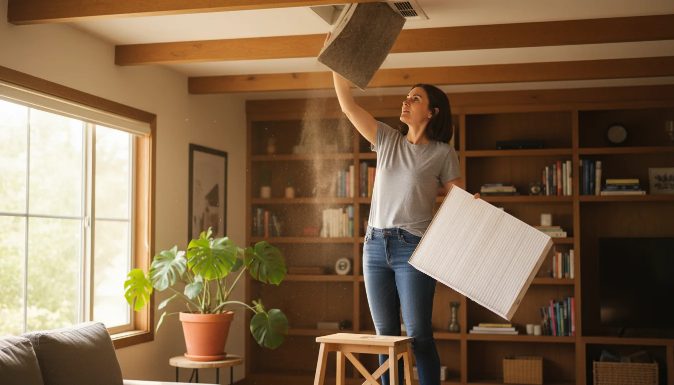 Woman on a step stool replacing a dirty HVAC filter with a clean one in a cozy, sunlit living room, emphasizing home maintenance.