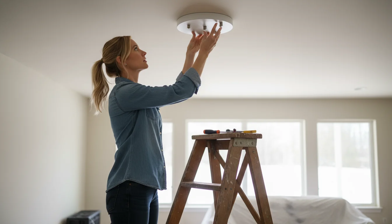 Woman on a step stool carefully securing a new semi-flush mount light fixture to a ceiling with her hands.
