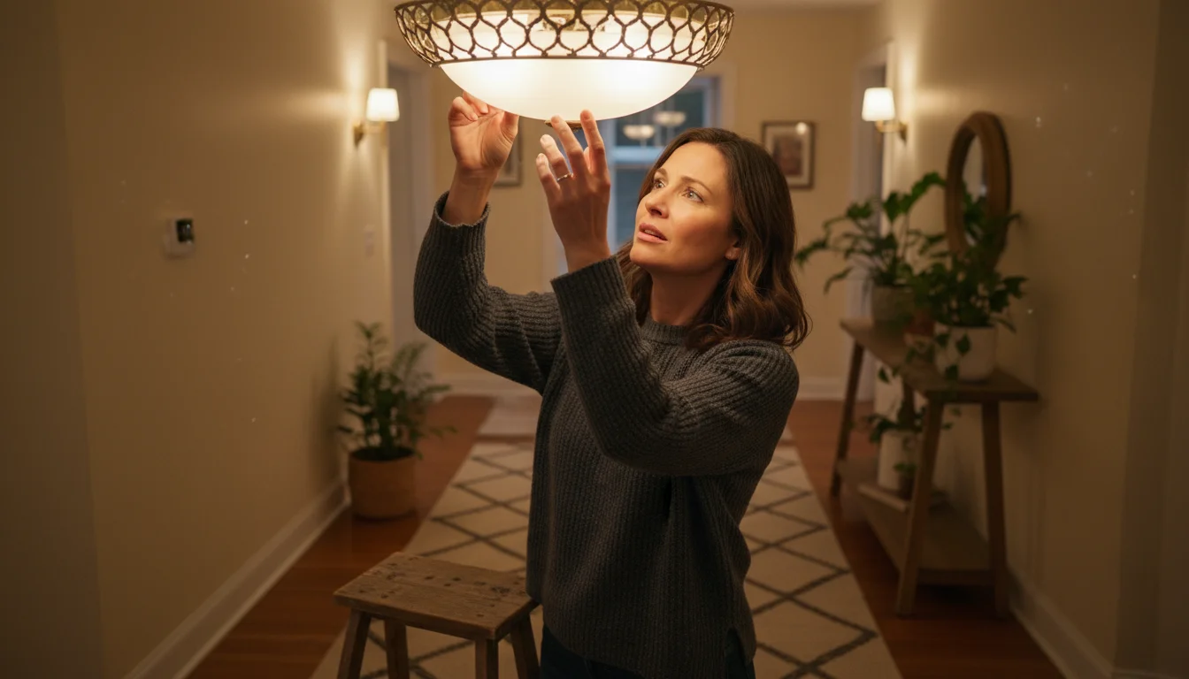 Woman on a step stool gently touching a dead LED bulb in an enclosed ceiling fixture, looking puzzled.