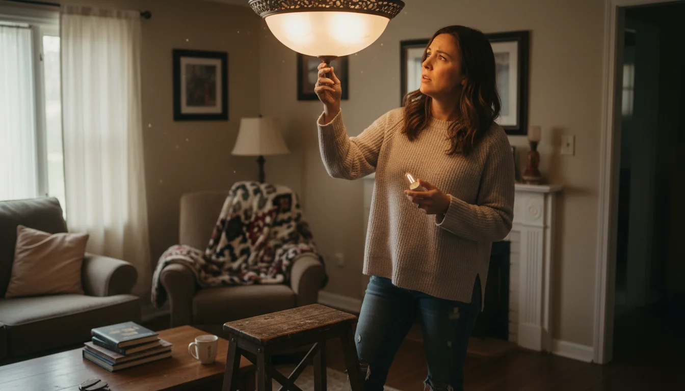 Woman on a step stool troubleshooting a flickering LED bulb in an older ceiling fixture, holding a new bulb.