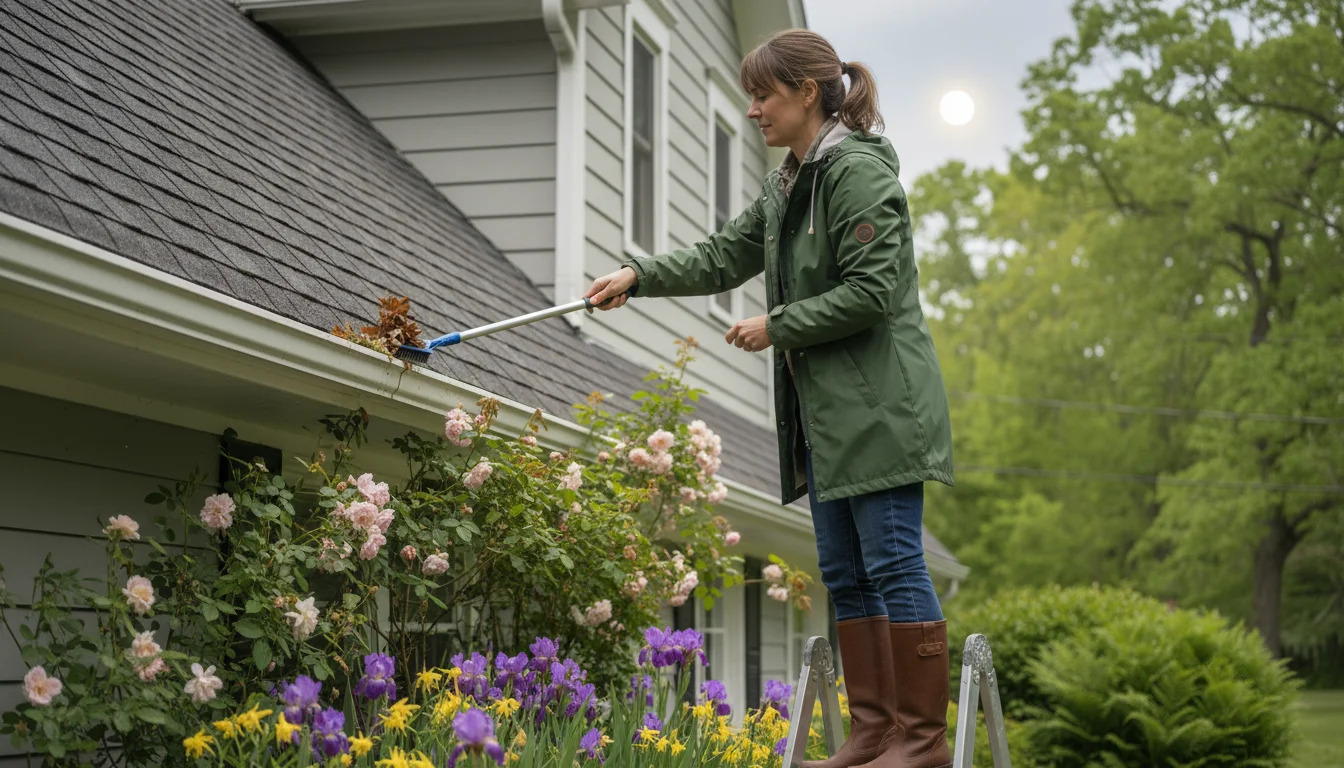 Woman on a stepladder clearing damp leaves from a house gutter above blooming blue hydrangeas.