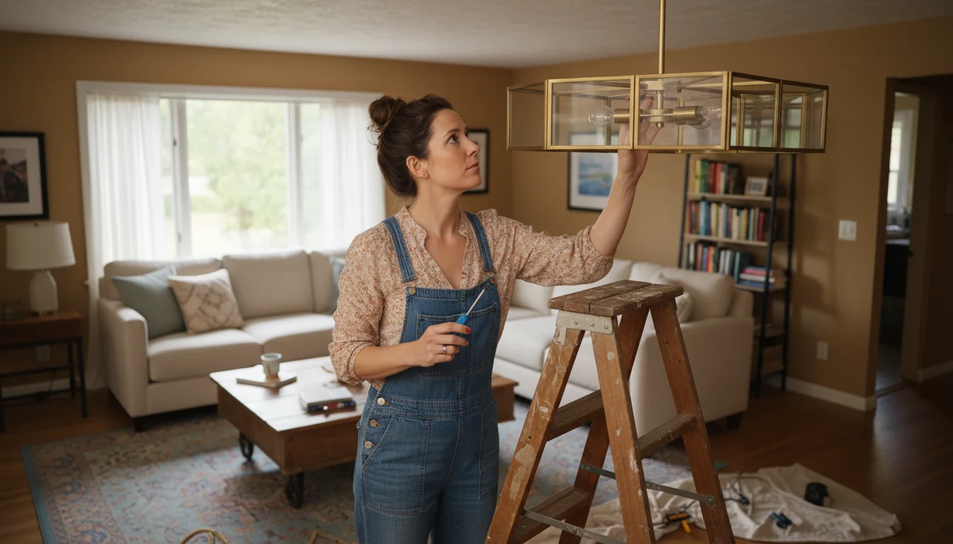 Woman on a stepladder inspects a new ceiling light fixture in a cozy living room, holding a screwdriver.