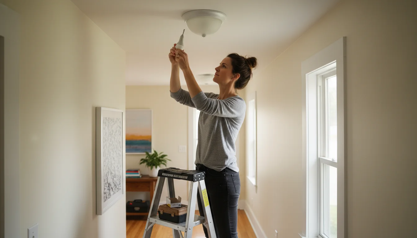 Woman on stepladder gently twisting a light bulb into a ceiling fixture in a bright hallway, focused on the task.