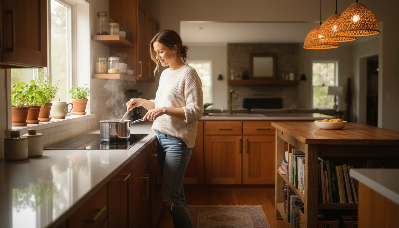 A woman stirring a pot on a modern induction cooktop in a warm, well-organized kitchen with wooden counters.