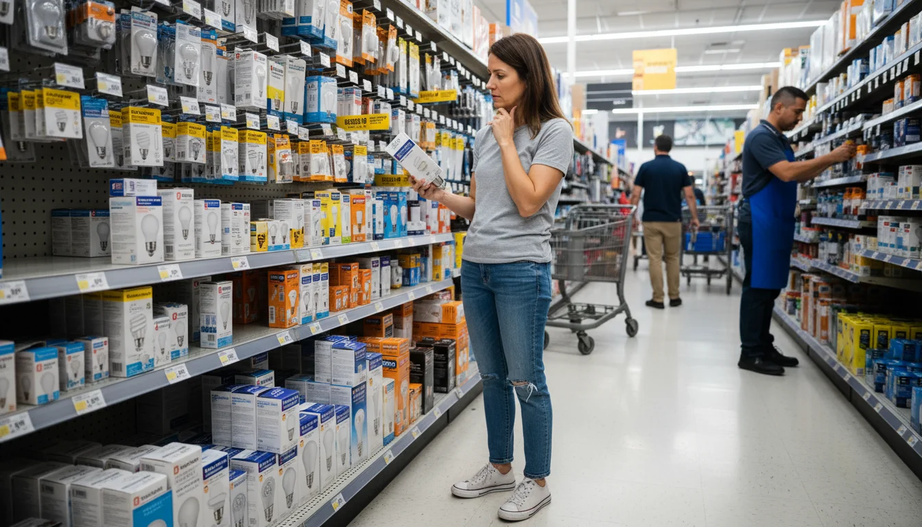 A woman in a store aisle holds a CFL bulb box, thoughtfully comparing prices on a shelf.